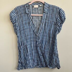 Anthropologie Postmark Blue Checkered Wrap Cinched Hem Bubble Sleeve Top